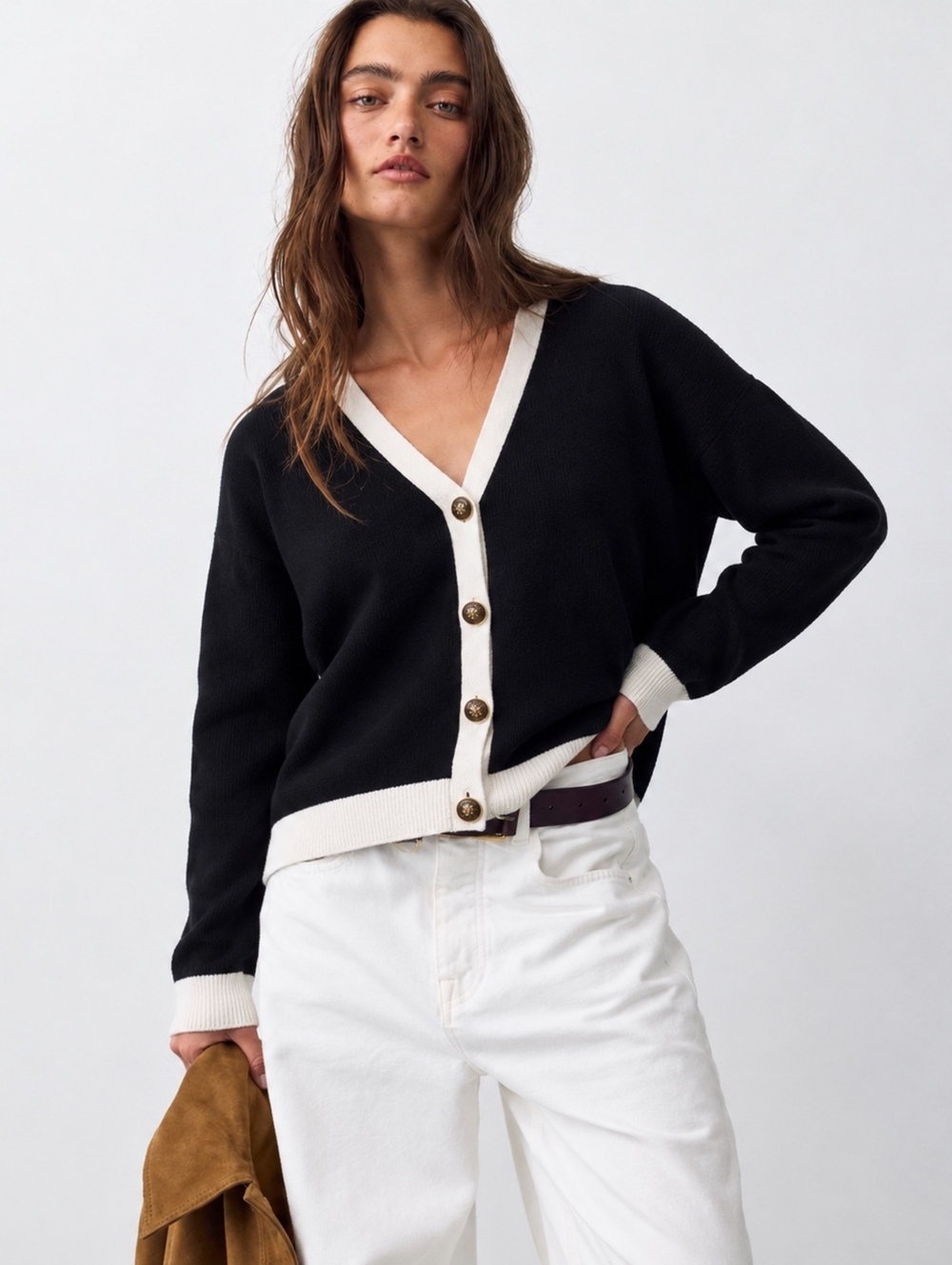 Devotion by Cyrus Black & Cream Contrast Trim Knit Cardigan Sweater M
